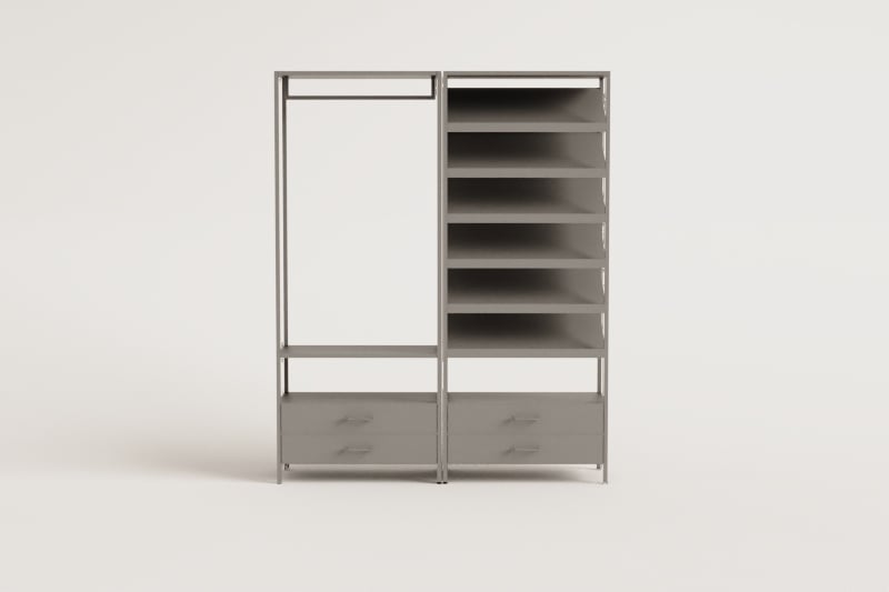 Janine 2-piece open modular wardrobe with drawers and shoe rack in steel
