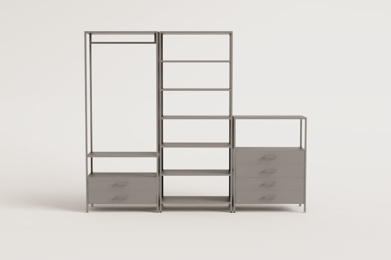 Janine 3-piece open modular wardrobe with steel drawers