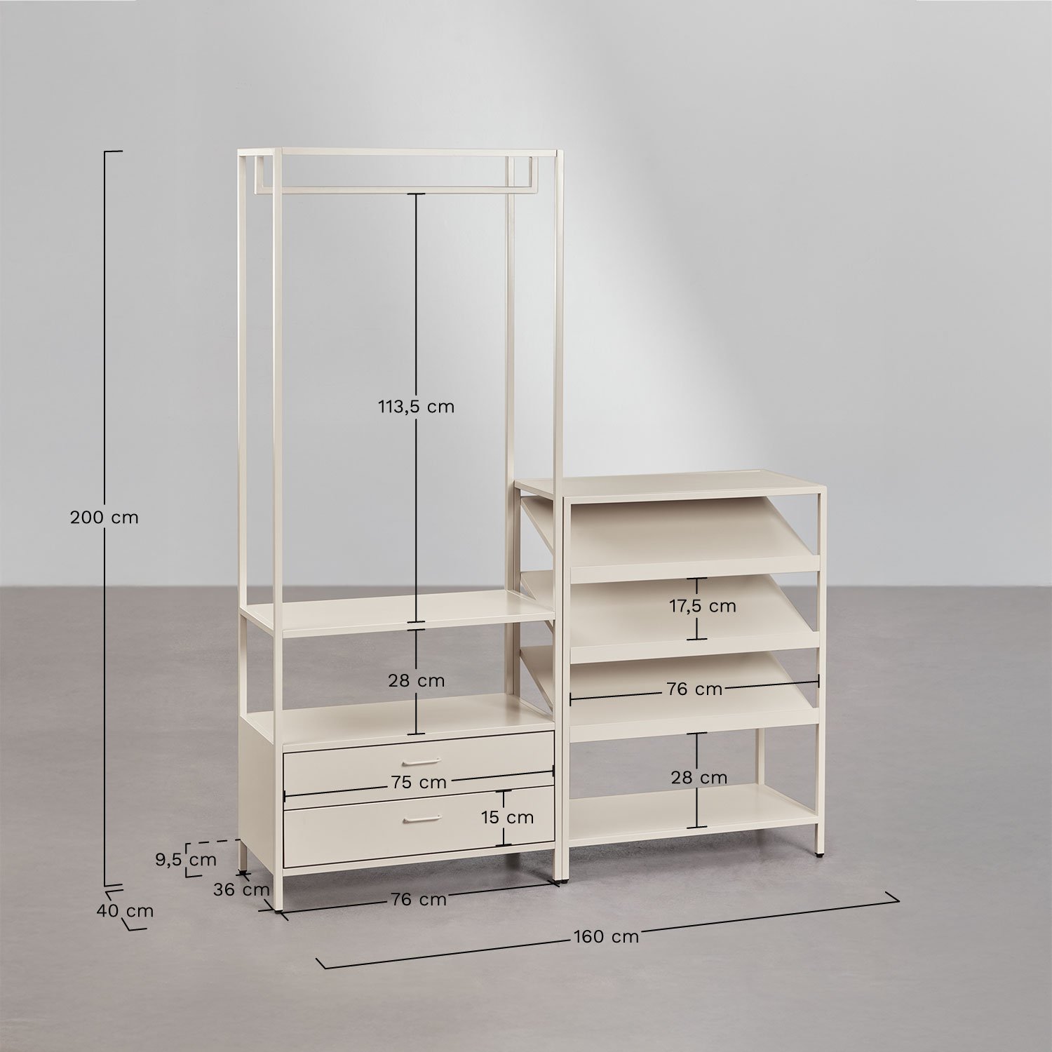 Janine 2-piece open modular wardrobe with drawers and low steel shoe rack, MEASURES