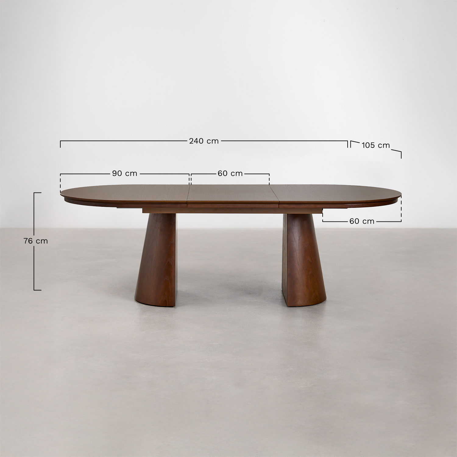 Oval dining table 180-240x105 cm extendable in MDF and Montana oak veneer, MEASURES