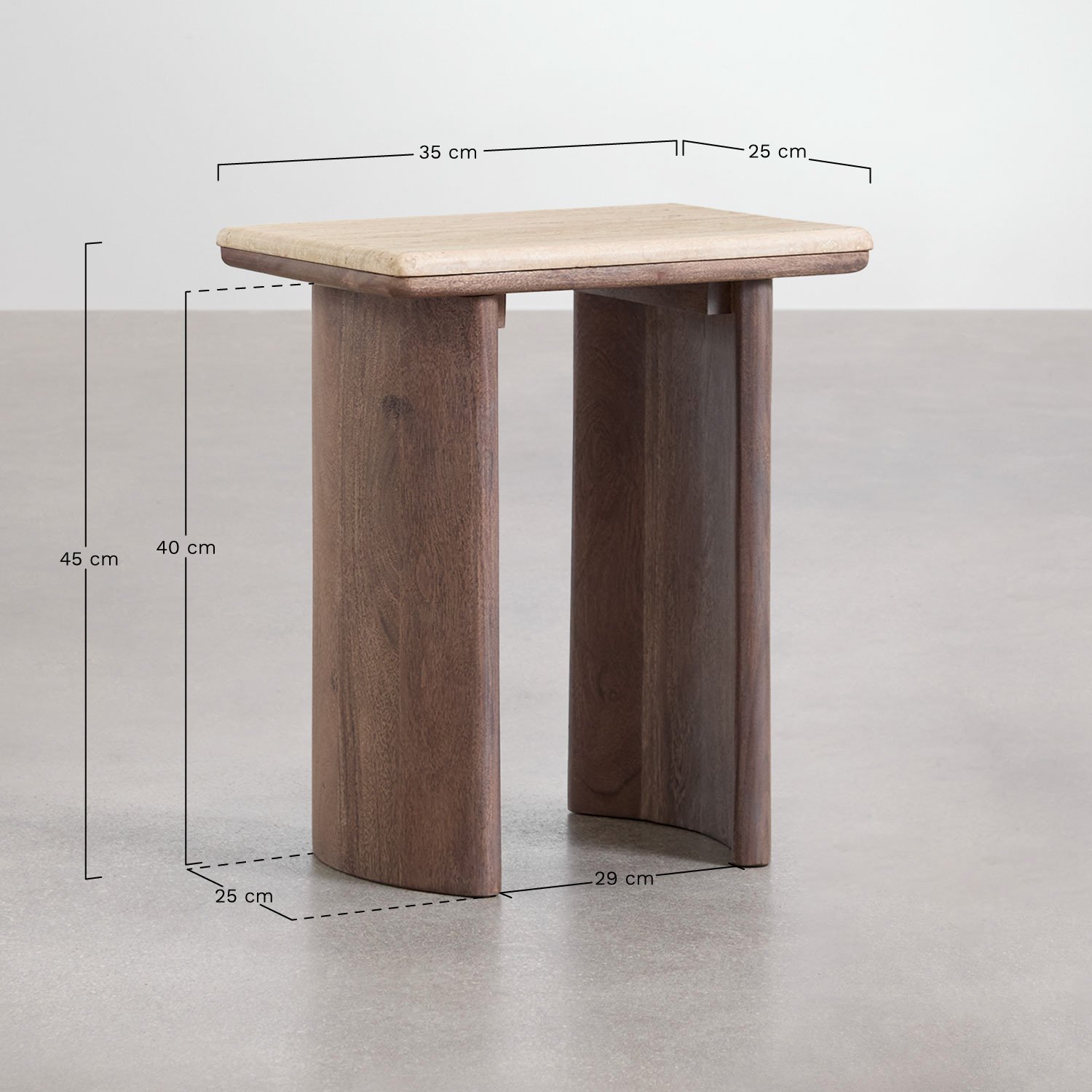 Casilda travertine and acacia wood side table, MEASURES