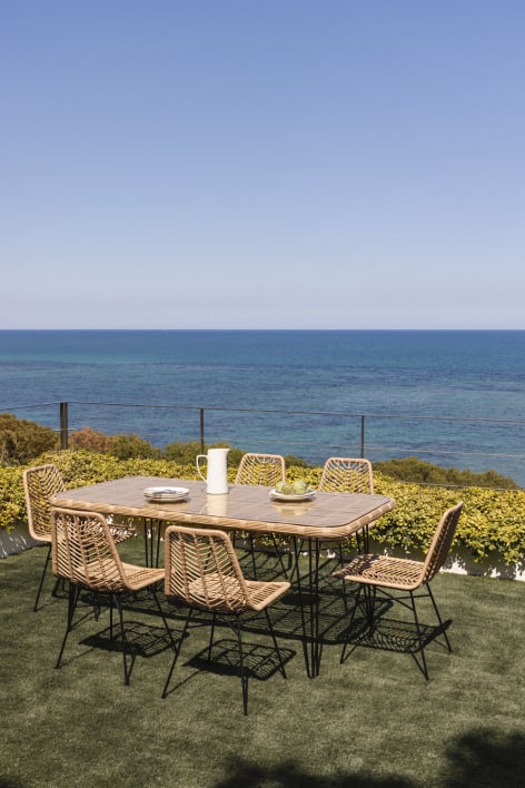 Rectangular synthetic wicker dining set (180x90 cm) Leribert and 6 garden chairs in synthetic rattan Gouda Natural