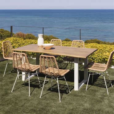 Rectangular Table Set 180x90 Cm In Acacia Wood And Maupi Steel And 6 Garden Chairs In Gouda Natural Synthetic Rattan Gardenia White - Sklum