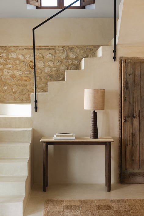 Casilda 105x35 cm console table in travertine and acacia wood