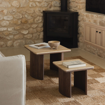 Set Of 2 Square Side Tables In Travertine And Acacia Wood Casilda Travertine - Sklum