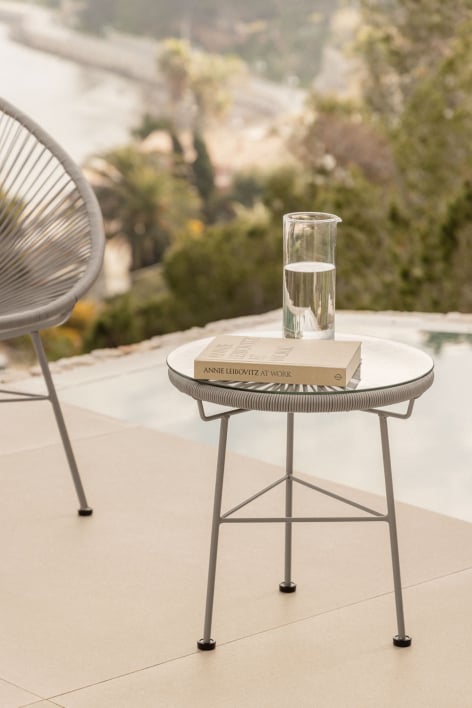 Round garden side table Ø45 cm in steel and synthetic wicker Acapulco - Moka Brown