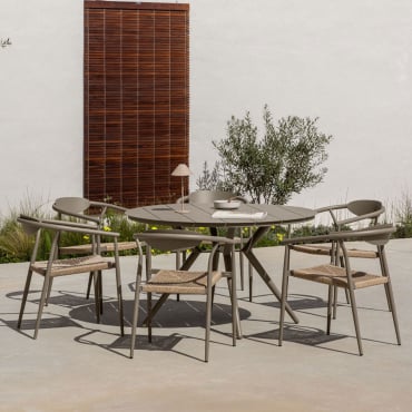 Valerie Round Aluminum Table Set (ø125 Cm) And 6 Garden Chairs With Armrests In Aluminum And Synthetic Rattan Marsha Brown Frappé - Sklum
