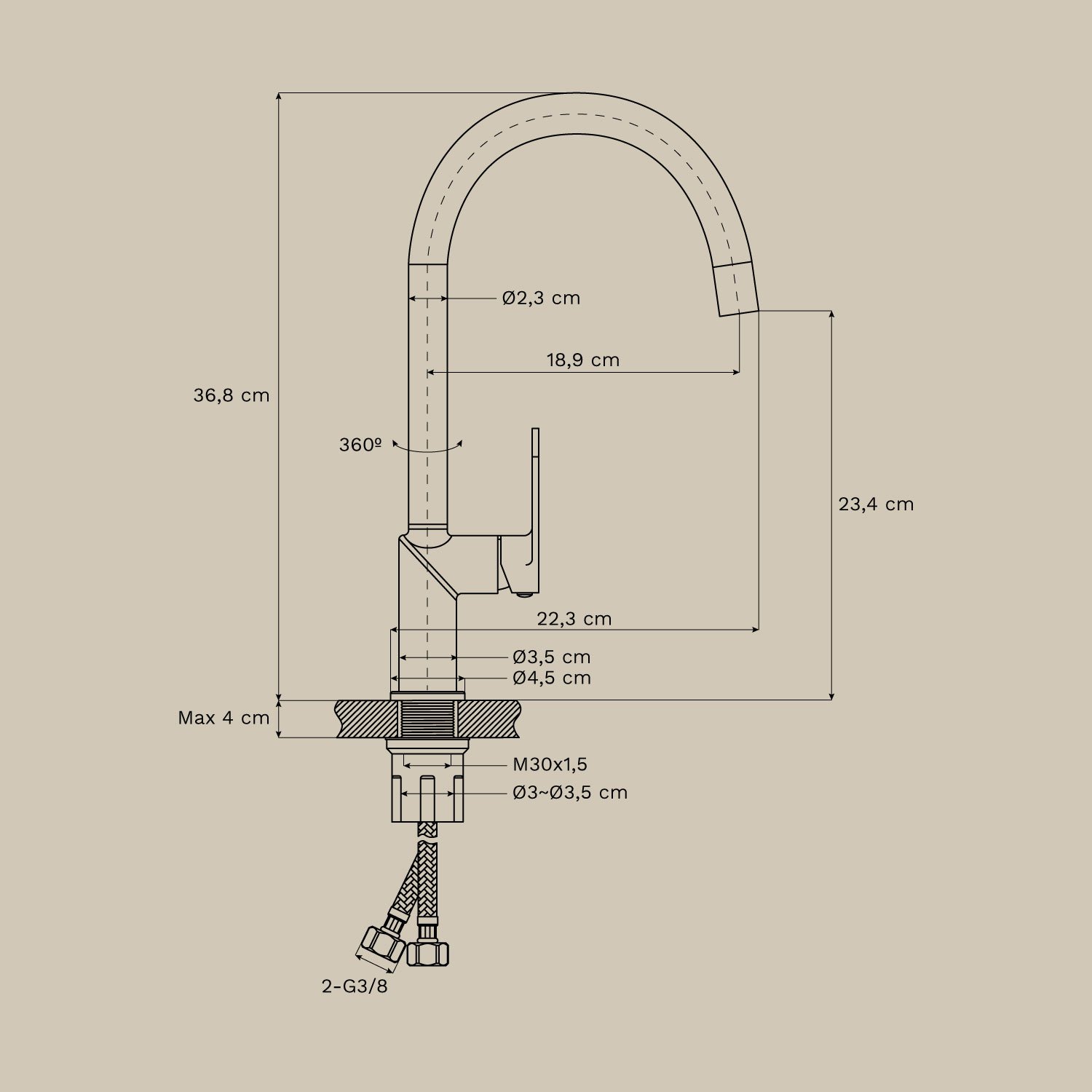 High spout kitchen faucet in brass Alameda, MEASURES