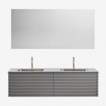 Noura Wooden Bathroom Furniture Set With Integrated Sinks Grey Nickel & Rectangular Led And Antifog 160x75 Cm Jorvi & 2 X Golden ↑20 Cm - Sklum