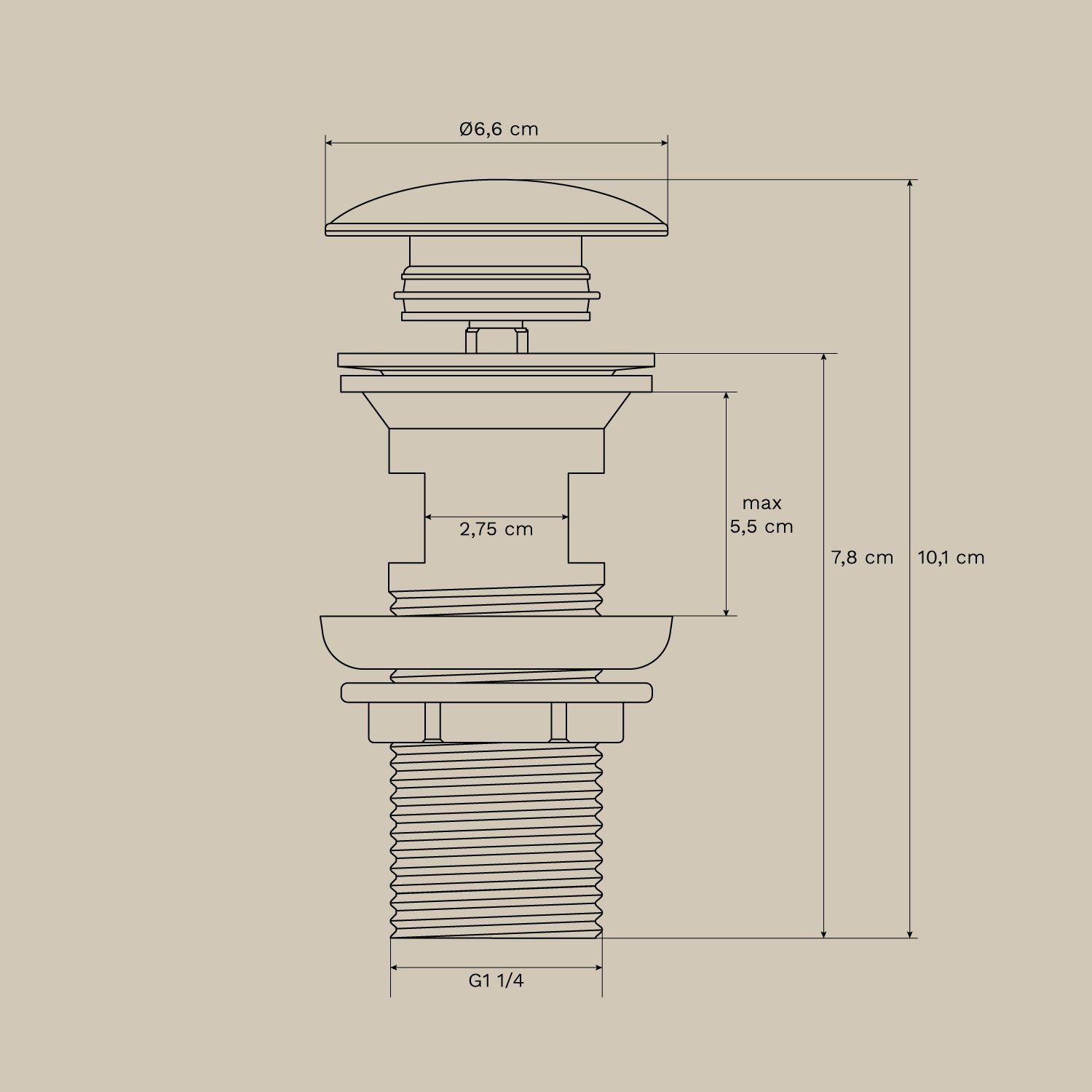 Alameda brass built-in basin tap set and Orveta click-clack basin drain valve, MEASURES