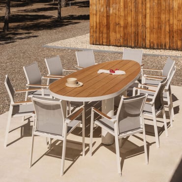 Taneli Oval Table Set, 260x110 Cm, Made Of Aluminum And Teak Wood, And 10 Elvira Stackable Aluminum Garden Chairs. Teak Wood - Sklum