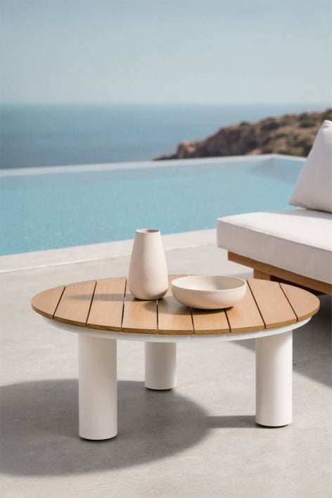 Round garden coffee table Ø80 cm in teak wood and aluminum Umeko