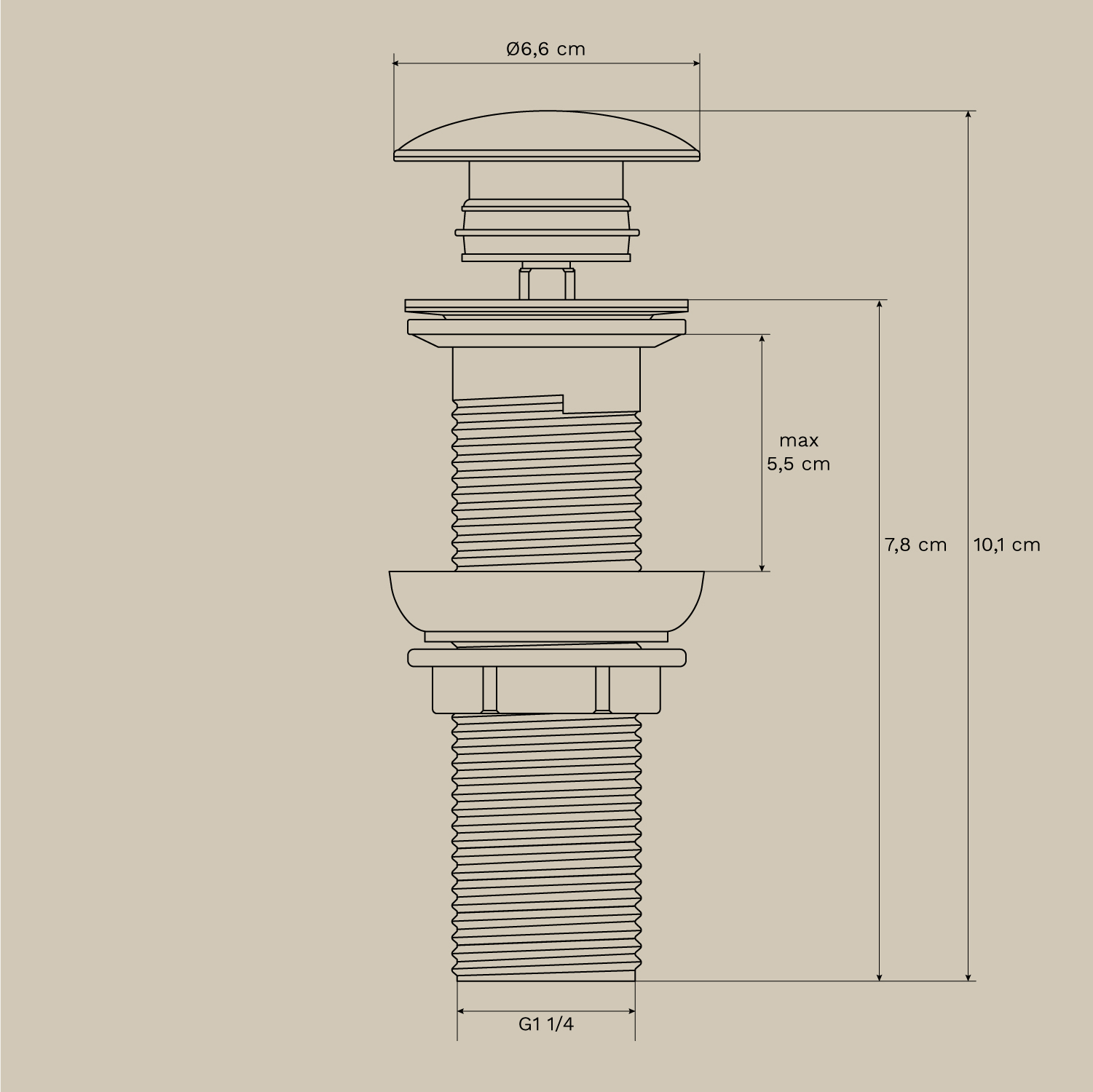 Alameda brass built-in basin tap set and Orveta click-clack basin drain valve, MEASURES