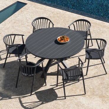 Extendable Round Table Set 145-200x145 Cm In Barces Aluminum And 6 Stackable Garden Chairs With Armrests Ivor Grey Graphite - Sklum