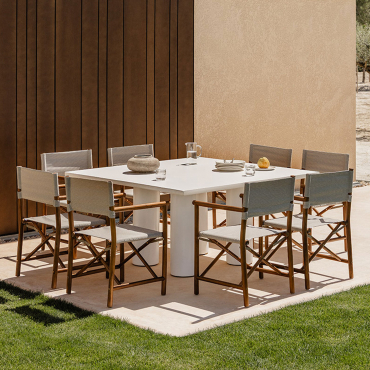 Set Of 150x150 Cm Square Table In Lisbon Cement And 8 Olivia Folding Garden Director Chairs Beige Semoline - Sklum