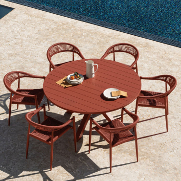 Set Of 145-200x145 Cm Barces Round Extendable Table And 6 Amatria Aluminum Stackable Garden Chairs With Armrests Red Roof Tile - Sklum