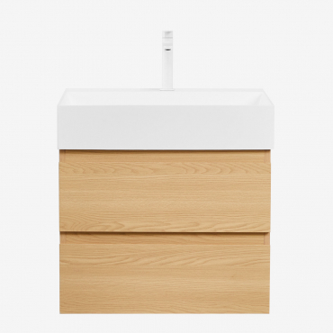 Bathroom Furniture Set In Wood And Ash Veneer With Integrated Ona Washbasin Natural Wood & Mirrorless & White ↑20 Cm With Drain - Sklum