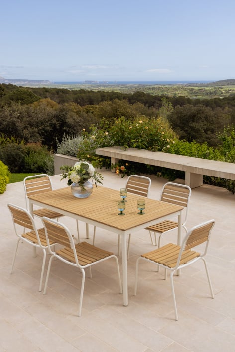 Rectangular Table Set 160x90 cm and 6 Stackable Garden Chairs in Steel and Acacia Wood Artus