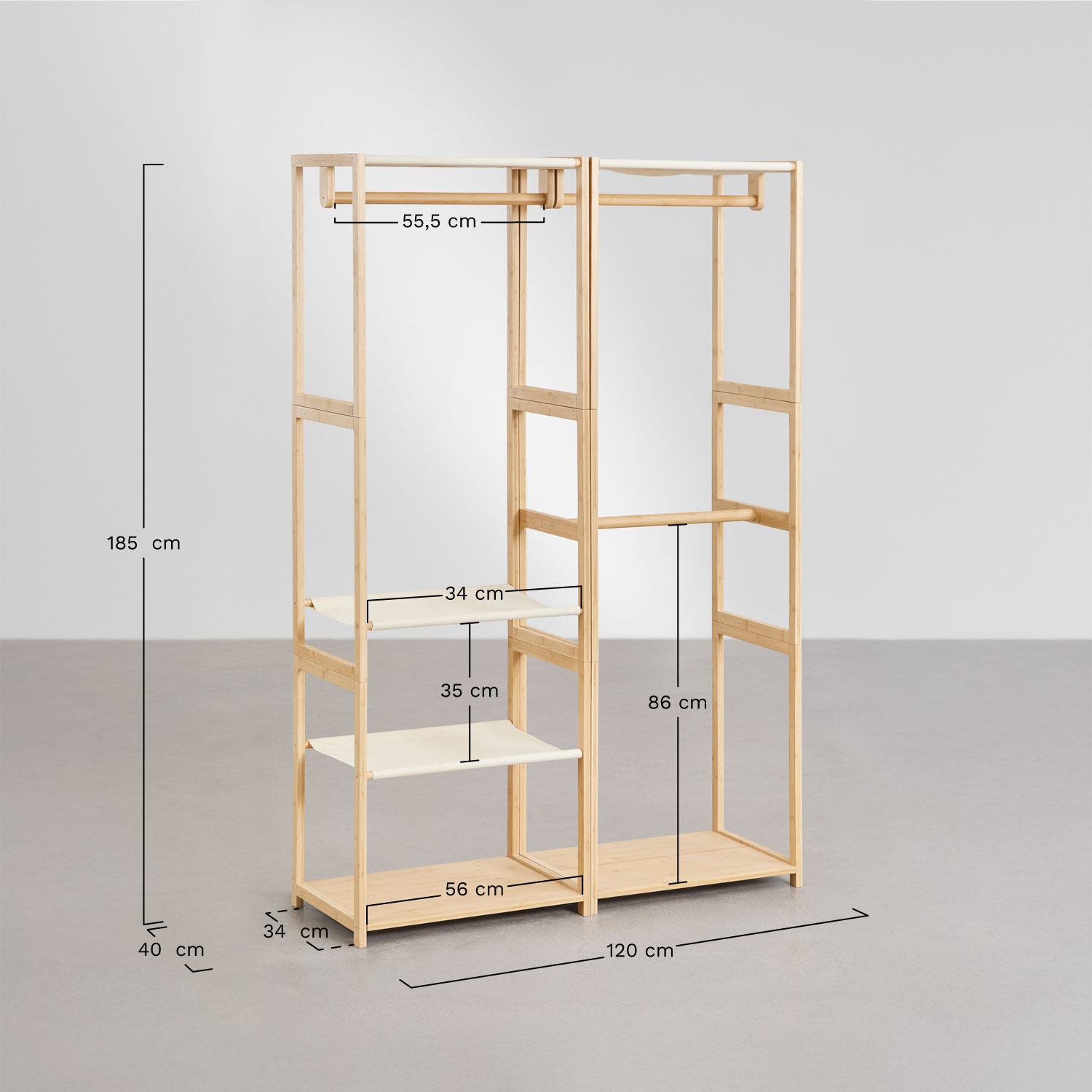 Deneb Bamboo 2-Piece Open Modular Wardrobe with Shelves and Clothes Rack, MEASURES