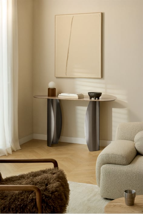 Oval entryway console 135x40 cm in travertine and stainless steel Neriyu