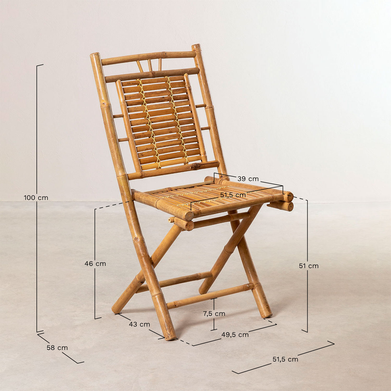 Pack of 4 Yakku Bamboo Folding Dining Chairs, MEASURES