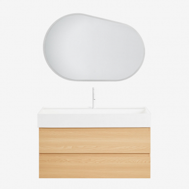 Suspended Bathroom Furniture Set In Wood And Ash Veneer With Integrated Ona Sink Natural Wood & Oval Led And Anti-fog 100x80 Cm Riben & White - Sklum