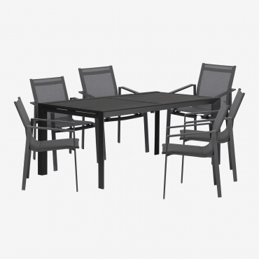 Starmi Rectangular Extendable Table Set, 180-240x100 Cm, Made Of Aluminum And 6 Eika Garden Chairs. Grey Graphite - Sklum