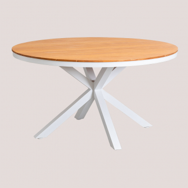 Round Garden Table In Aluminum And Eucalyptus Wood Archer Gardenia White & Ø140 Cm - Sklum