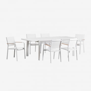Starmi Rectangular Extendable Table Set, 180x240-100 Cm, And 6 Stackable Archer Aluminum Garden Chairs. Gardenia White - Sklum