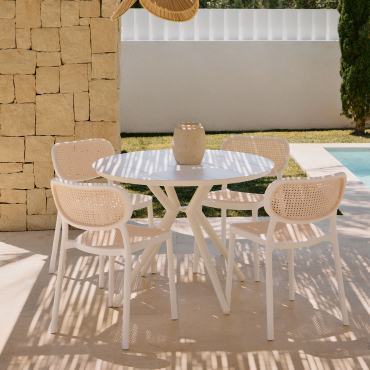 Valerie Ø100 Cm Round Table Set In Aluminum And 4 Stackable Garden Chairs In Polypropylene Omara Gardenia White - Sklum
