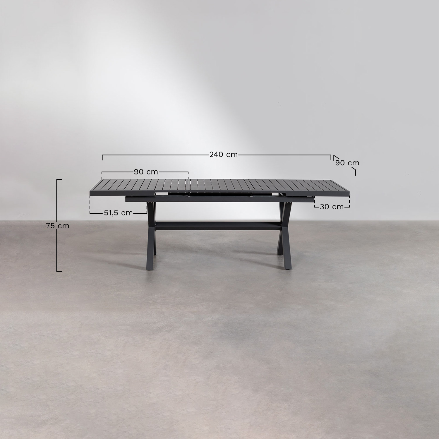 Rectangular table set 180-240x90 cm extendable in aluminum Karena and 6 garden chairs in polypropylene Omara, MEASURES