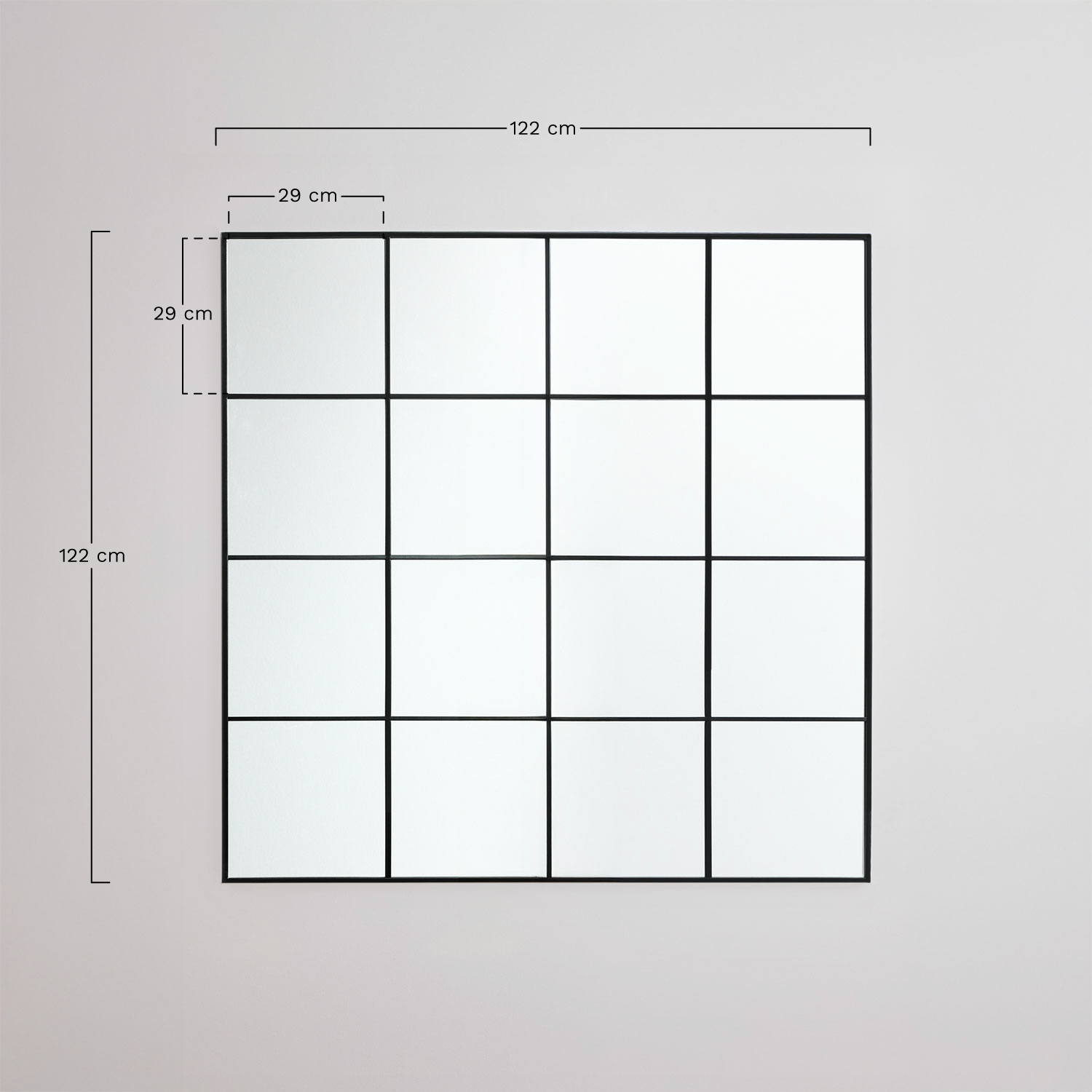 Sofi window-effect metal wall mirror 122x122 cm, MEASURES
