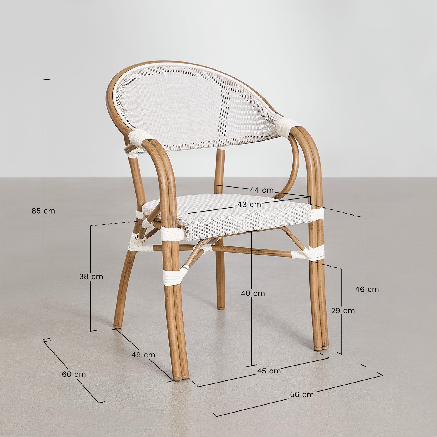 Brielle Bistro Stackable Aluminum Dining Chair with Armrests, MEASURES