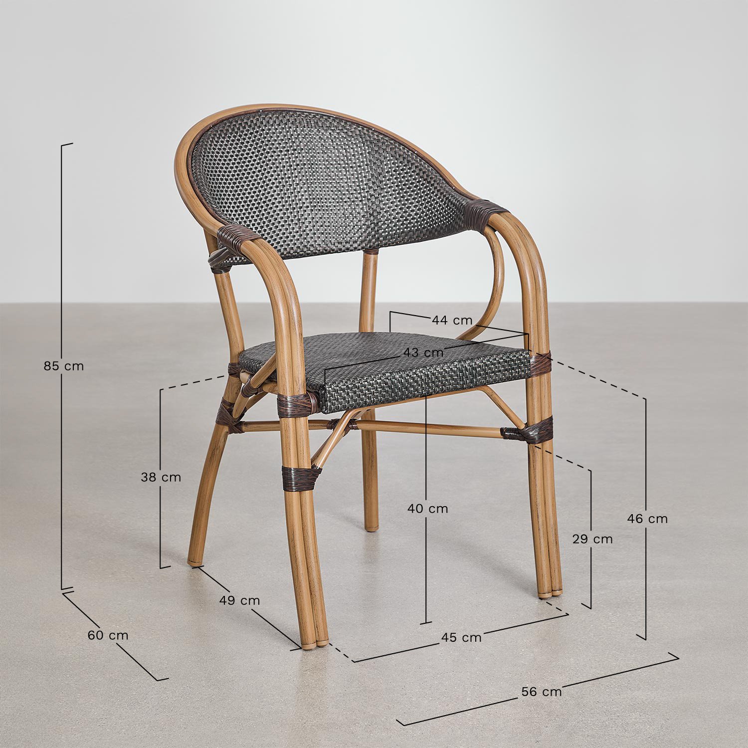 Brielle Bistro Stackable Aluminum Dining Chair with Armrests, MEASURES