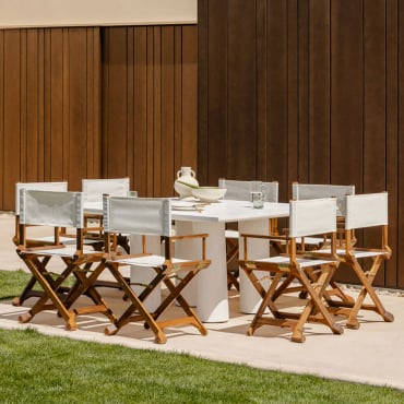 Set Of 150x150 Cm Square Table In Lisbon Cement And 8 Ridley Wooden Folding Garden Director Chairs Off-white - Sklum