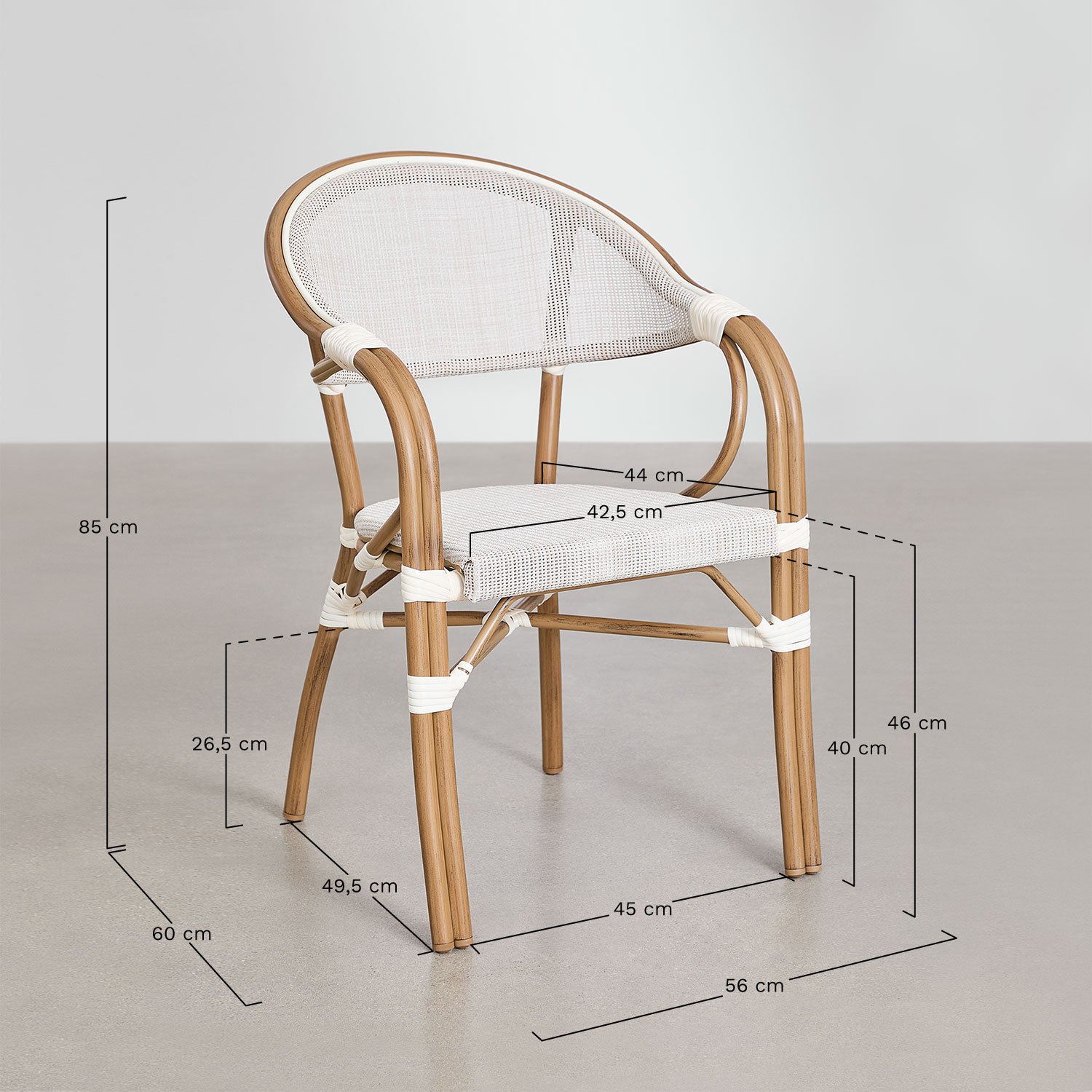 Brielle Bistro round table set, Ø80 cm, and 4 stackable aluminum dining chairs with armrests., MEASURES