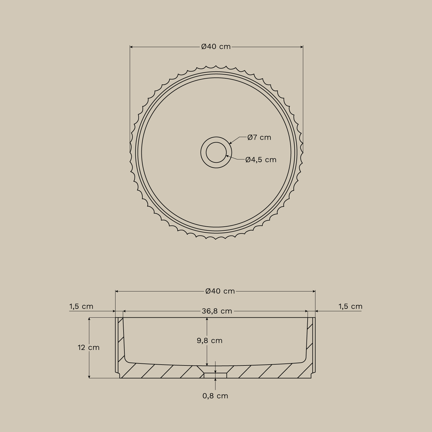 Round sink Ø40 cm in Kazbek cement, MEASURES