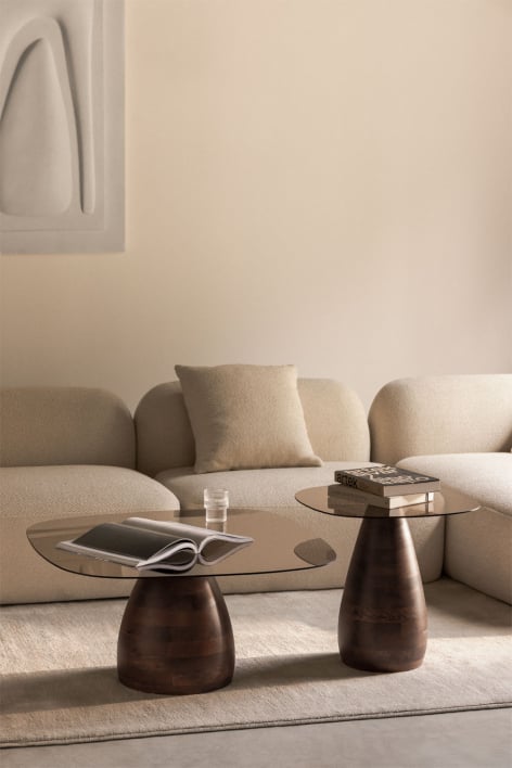 Set of 2 square coffee tables in mango wood and tempered glass Mariana
