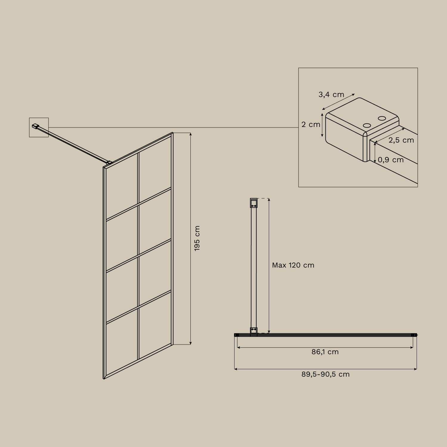 Fixed shower screen with checkered pattern, 8 mm tempered glass and Camden aluminum, MEASURES