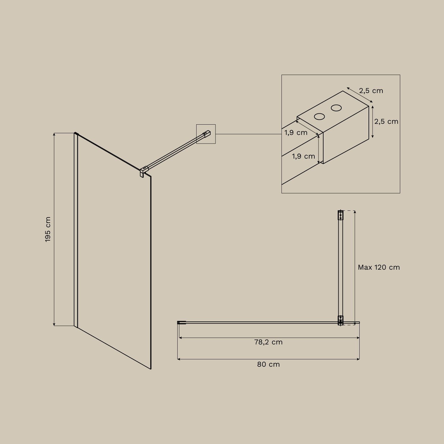 Fixed shower screen with 8 mm tempered glass and Bristol aluminum, MEASURES