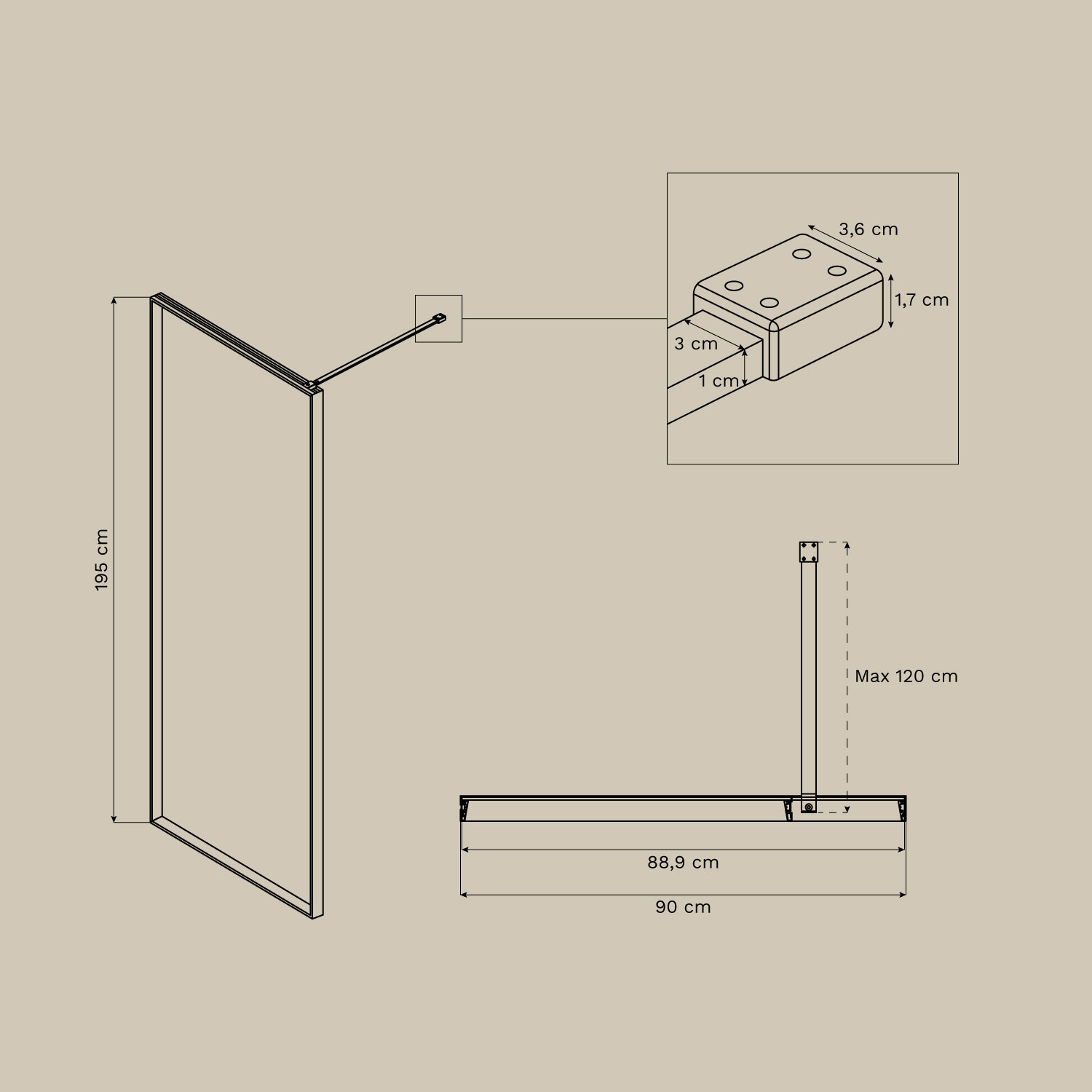 Fixed shower screen with 5 mm tempered glass and Trafalgar aluminum, MEASURES