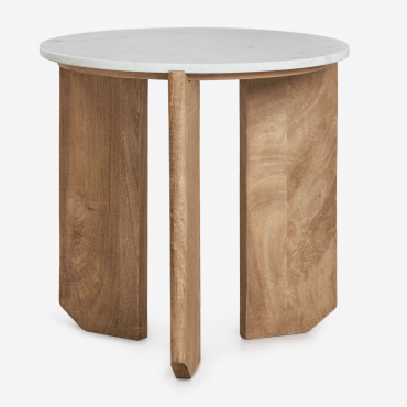 Round Bedside Table Ø50 Cm In Natural Stone And Mango Wood Lavinia White Marble Banswara & Mango Wood - Sklum