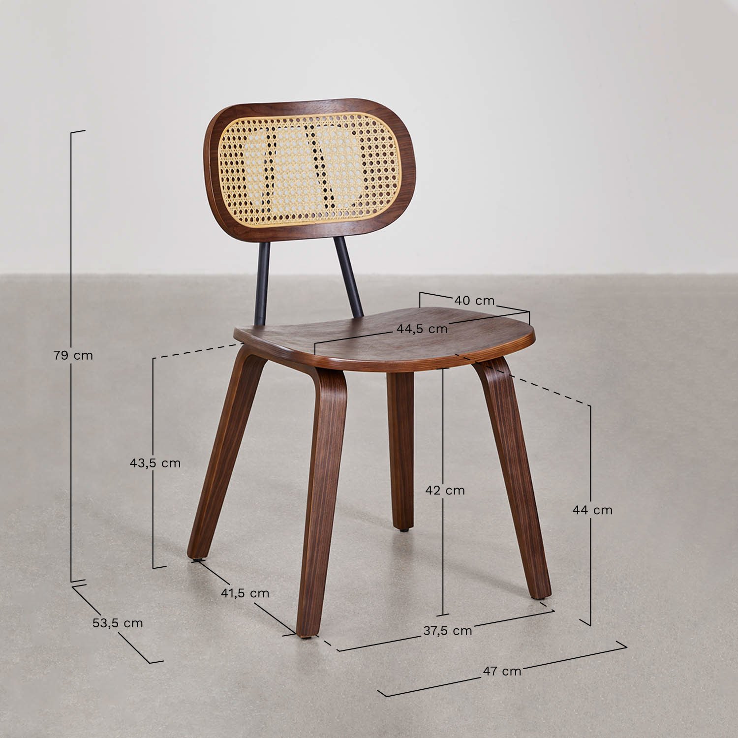 Kaylia wood and rattan dining chair, MEASURES