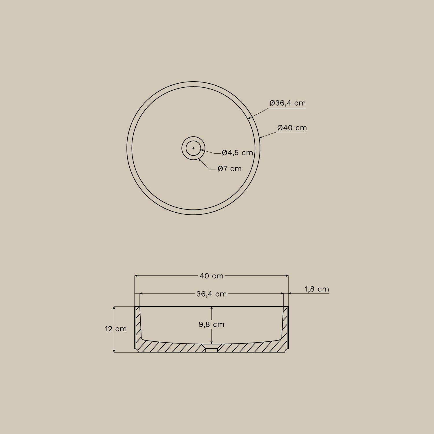 Round washbasin Ø40 cm in Elbru cement, MEASURES