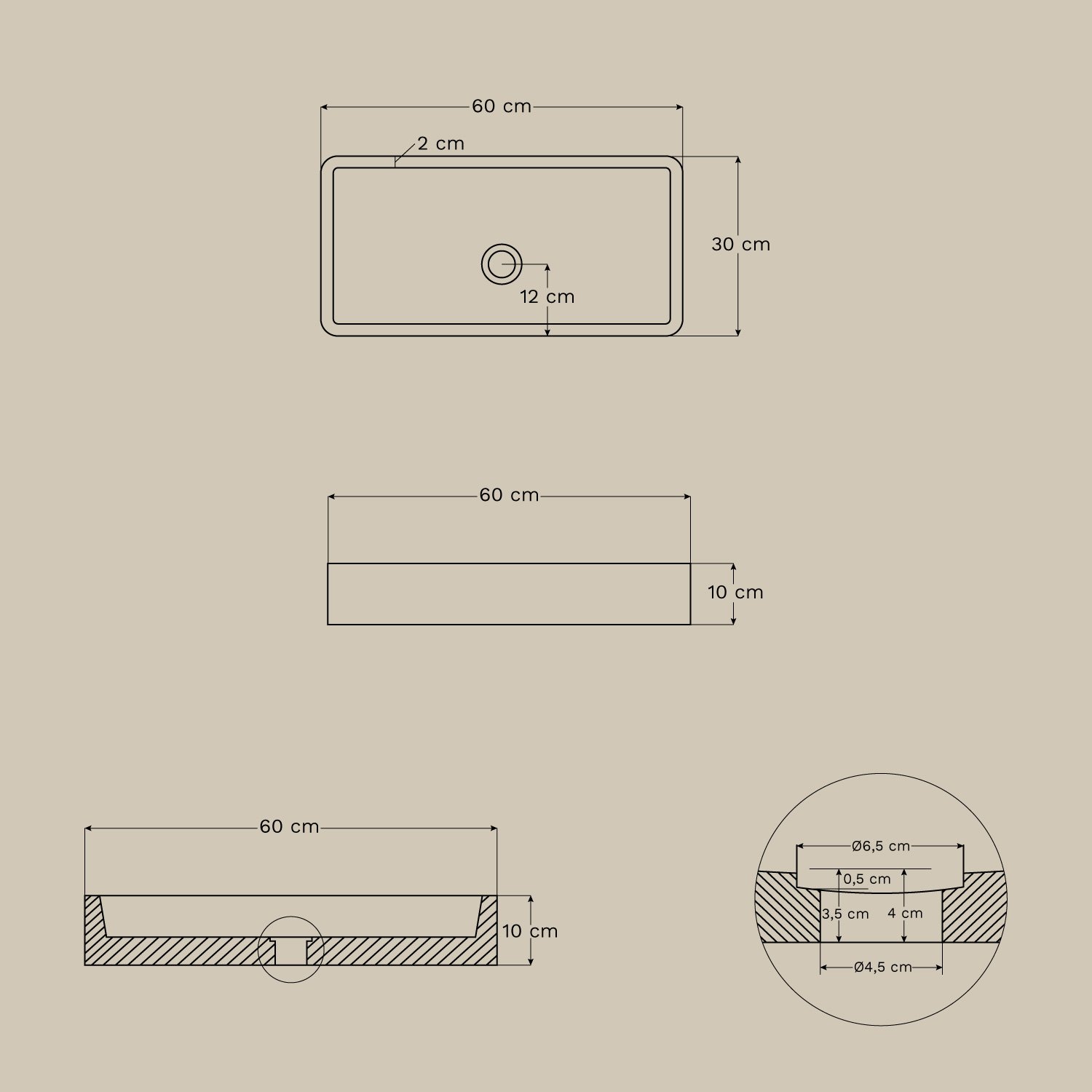 Rectangular washbasin 60x30 cm in Ronald cement, MEASURES