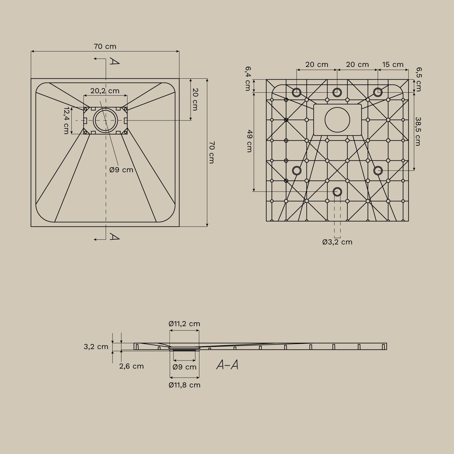 Soho square, non-slip, extra-flat SMC resin shower tray, MEASURES