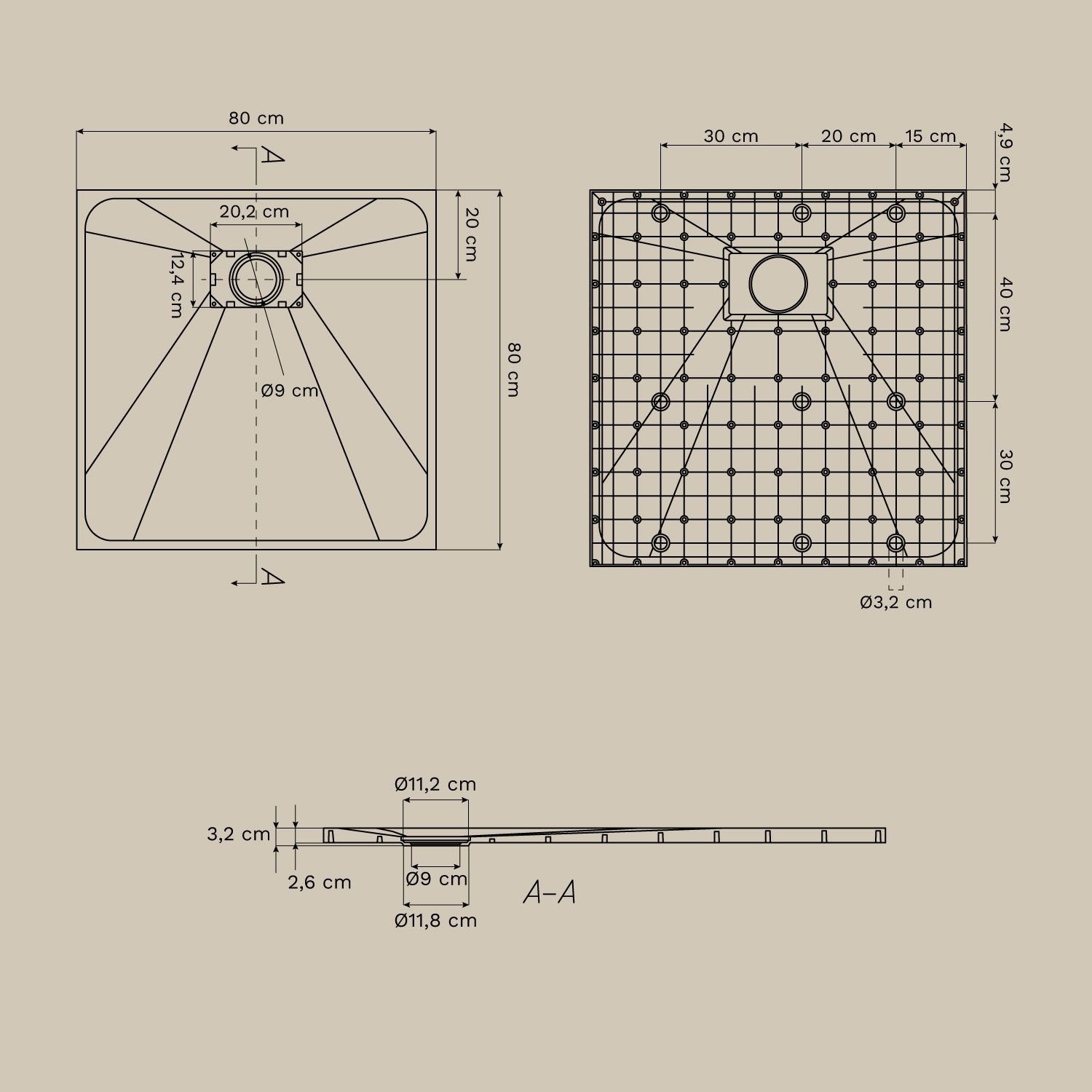 Soho square, non-slip, extra-flat SMC resin shower tray, MEASURES