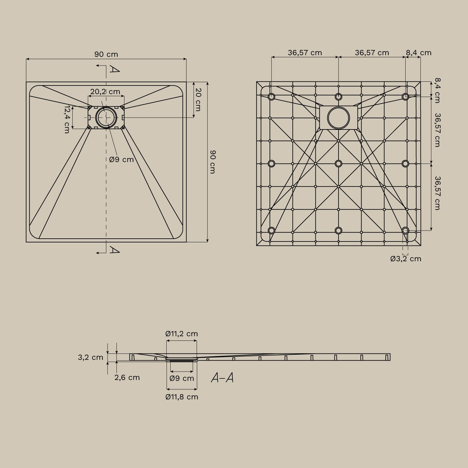 Soho square, non-slip, extra-flat SMC resin shower tray, MEASURES