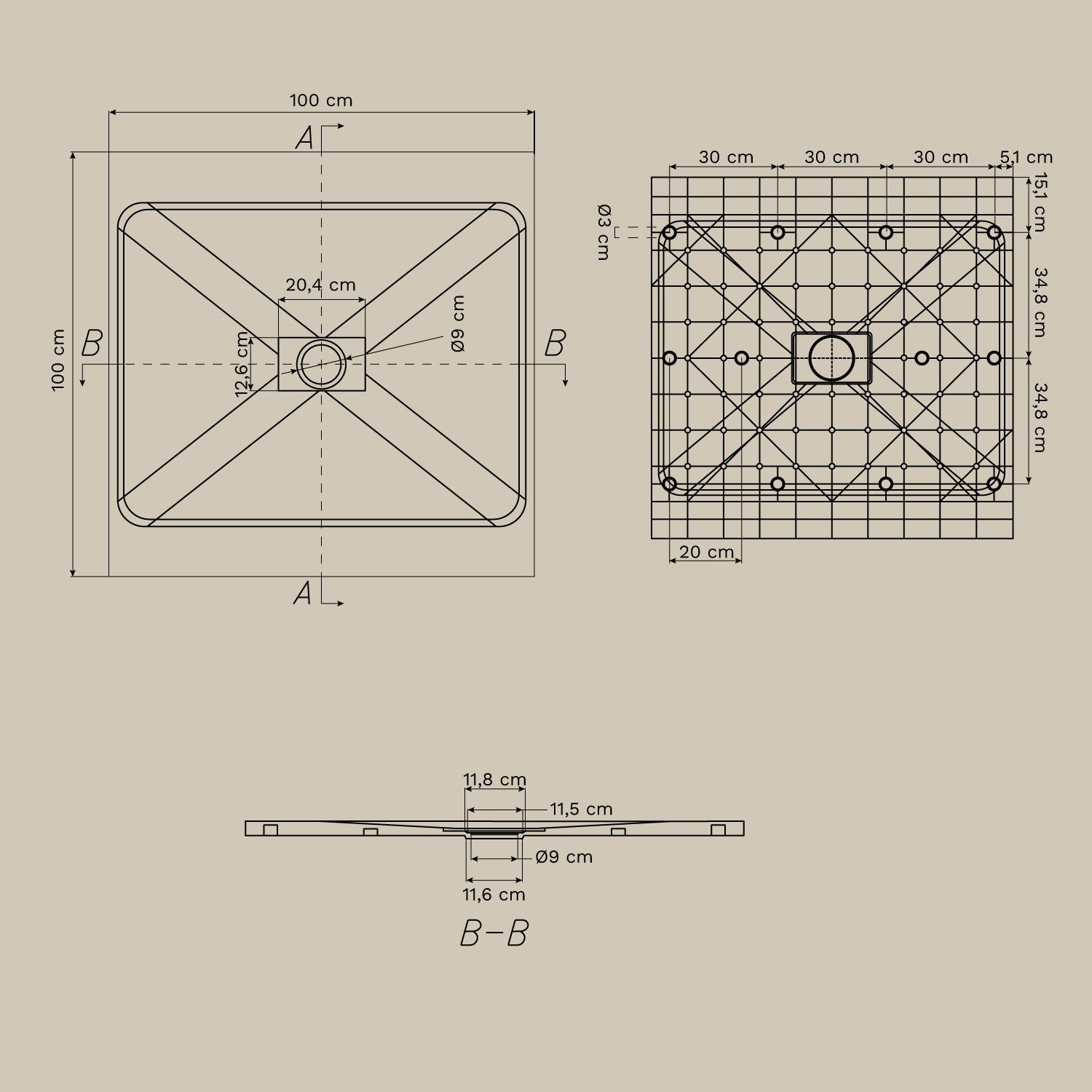 Soho square, non-slip, extra-flat SMC resin shower tray, MEASURES