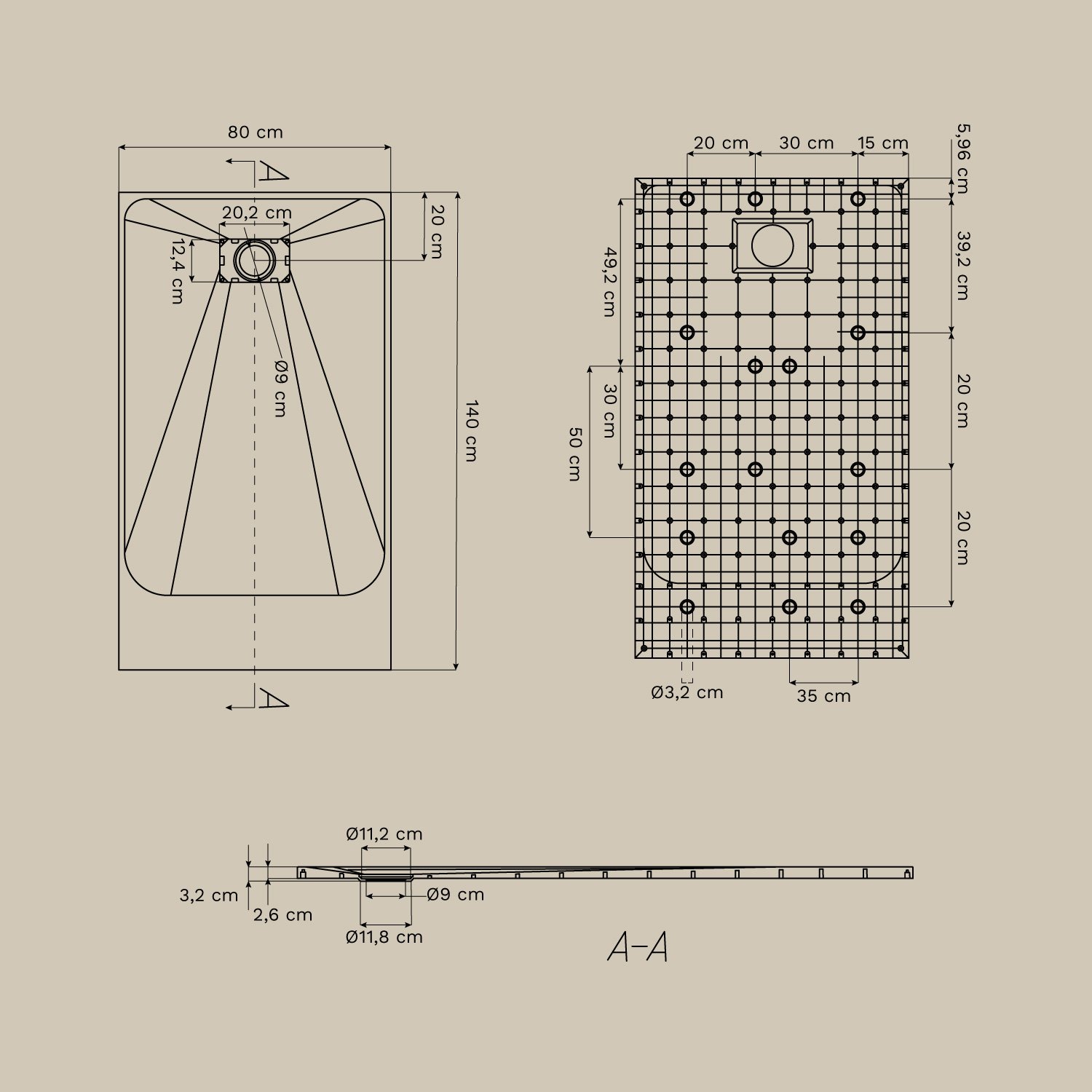 Soho rectangular, non-slip, extra-flat SMC resin shower tray, MEASURES